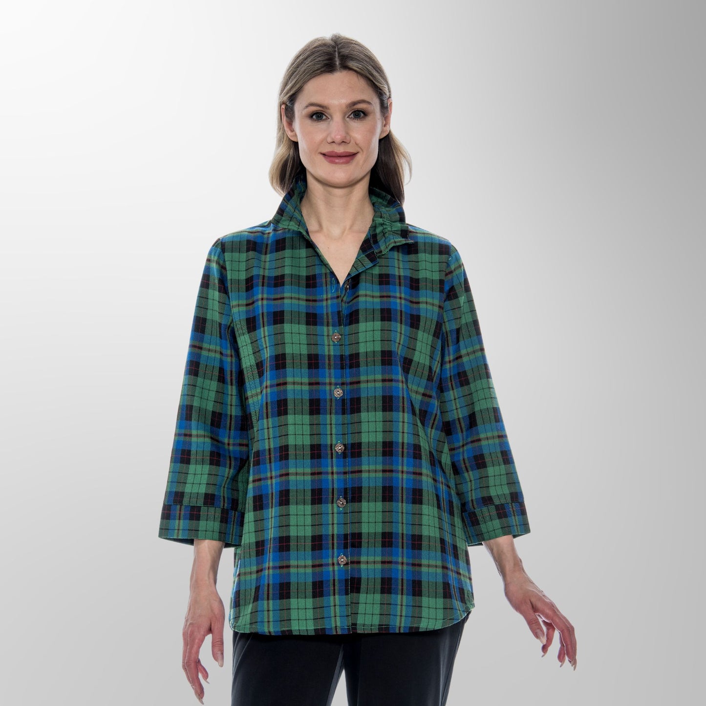 Toofan - Green - Evergreen Plaid Checkered Long Sleeve Top - PL 88-731