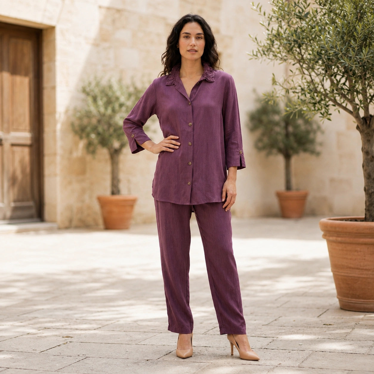 Toofan - Wire Collar Shirt Eggplant 100% Cupro Button Down - CA170