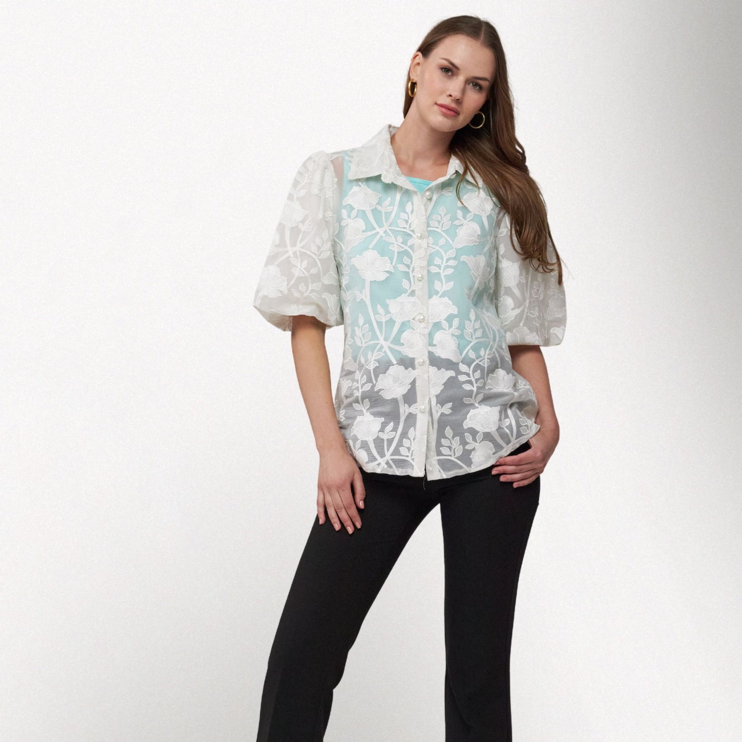 Toofan - White - Bubble Sleeve Floral Top – Relaxed Fit Women's Blouse - NS 79 - 1