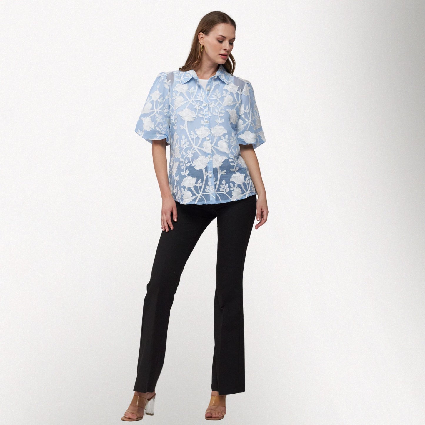 Toofan - Blue - Bubble Sleeve Floral Top – Relaxed Fit Women's Blouse - NS 79 - 1