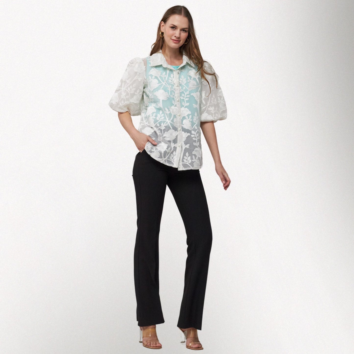 Toofan - White - Bubble Sleeve Floral Top – Relaxed Fit Women's Blouse - NS 79 - 1