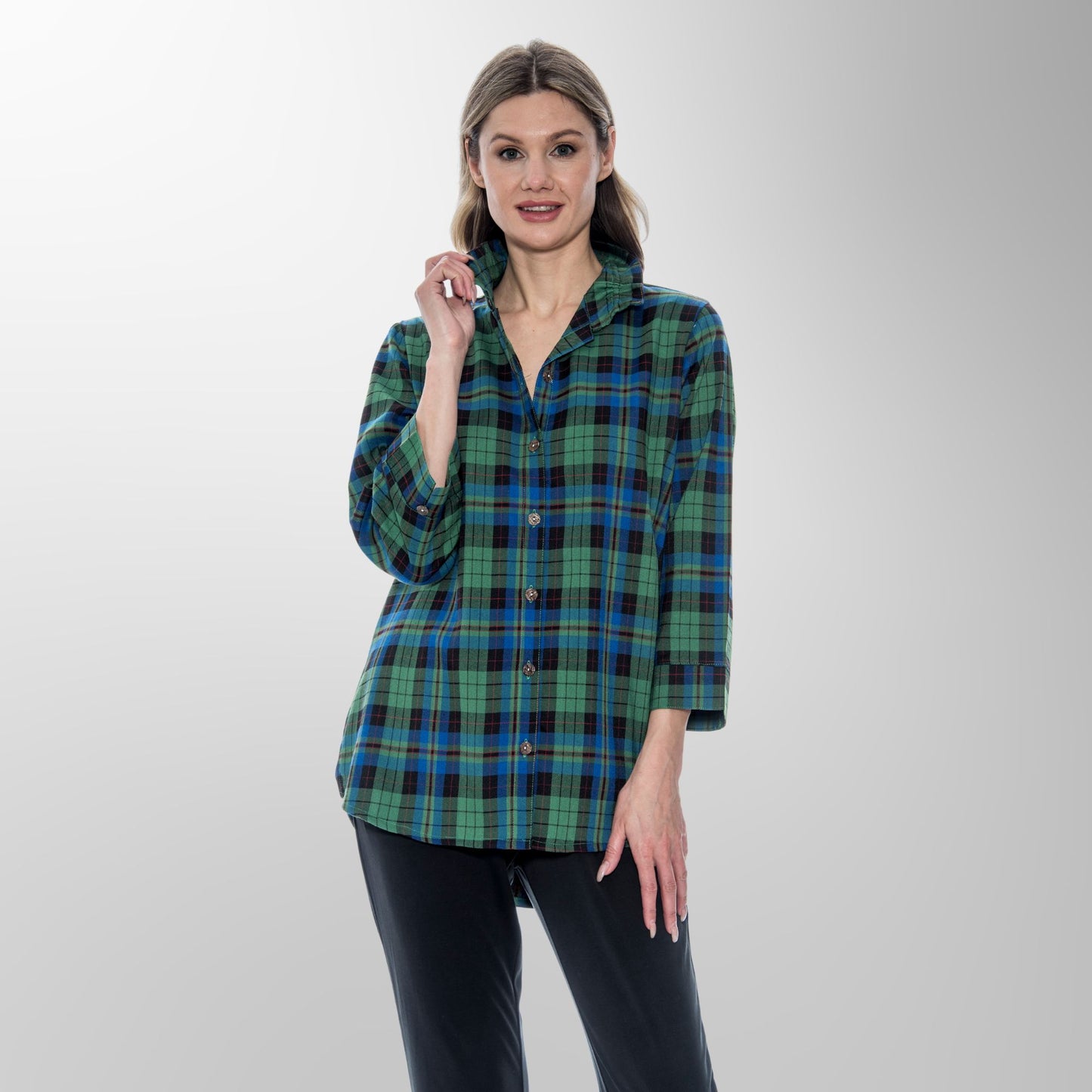 Toofan - Green - Evergreen Plaid Checkered Long Sleeve Top - PL 88-731