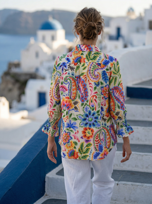 Toofan - Smocking Sleeve Printed Shirt Tropical Floral Linen Shirt - LP50-8