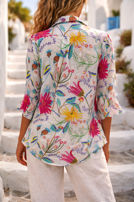 Toofan - Smocking Sleeve Printed Shirt Linen Floral Summer Shirt - LP50-1