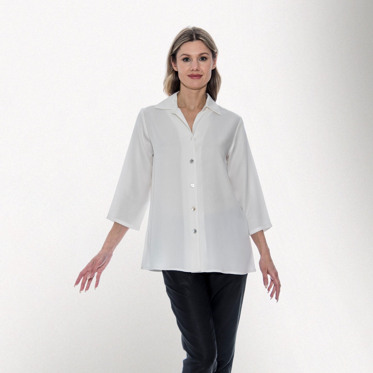 Toofan - White - Back-Button Shirt – Women’s 3/4 Sleeve A-Line Tunic with Spread Collar - TS 19