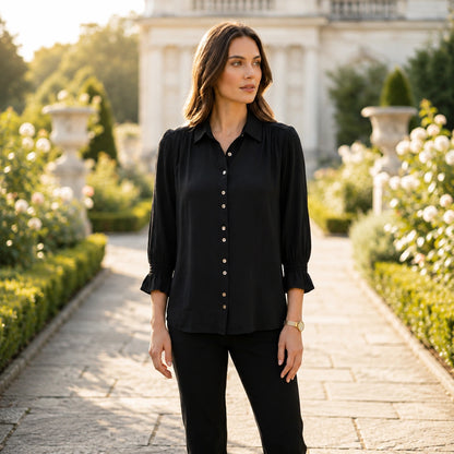 Toofan - Smocking Sleeve Shirt Black 100% Cupro Button Down - CA180
