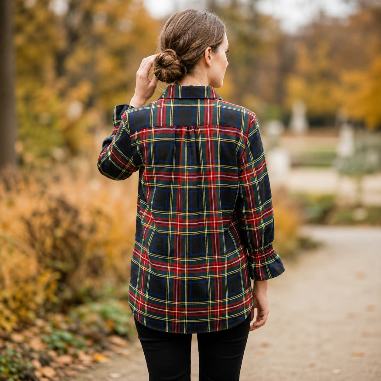 Toofan - Smocking Sleeve Scottish Plaid Shirt | Navy | 100% Polyester - PL 50-1