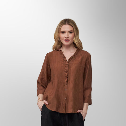 Toofan - Mocha - Mocha Ruffle V-Neck Button Top - CR 31