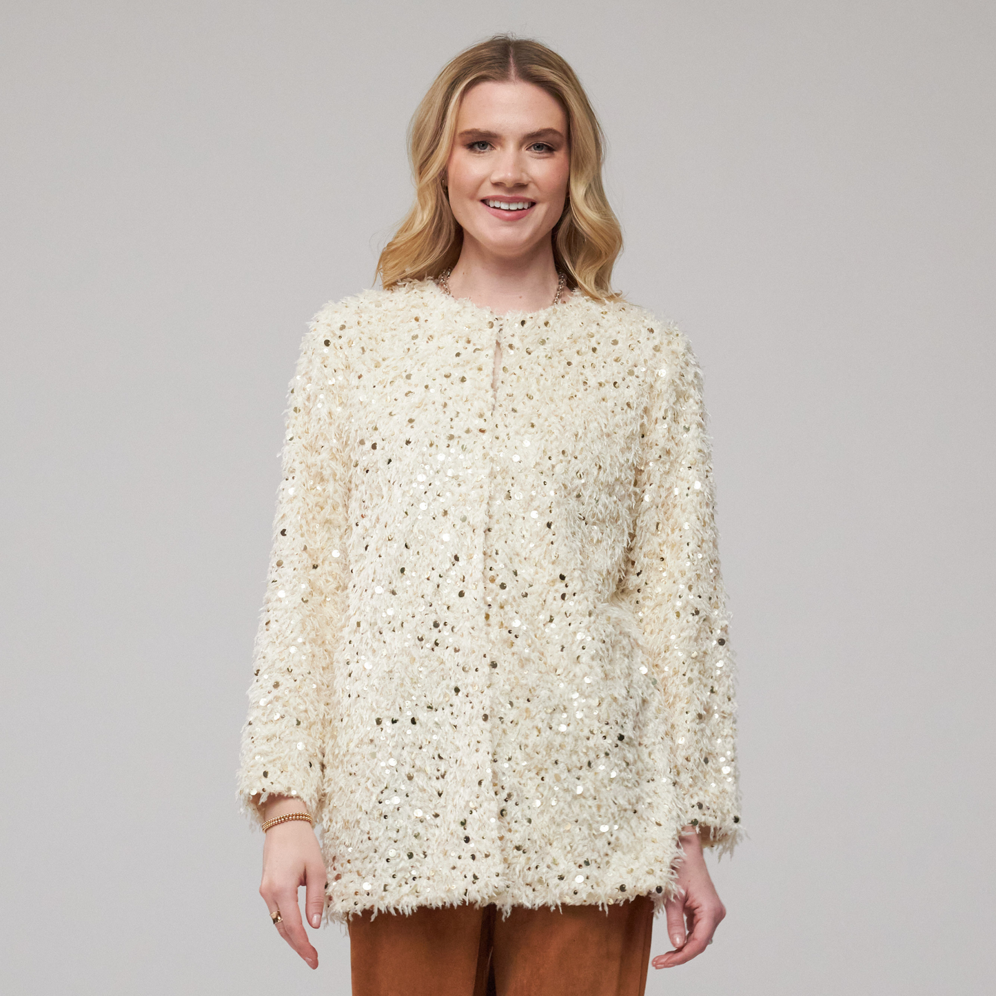 Toofan - Winter White - Winter White Faux Fur Bling Cardigan Jacket – Festive Elegance Redefined - FF 10 - 1