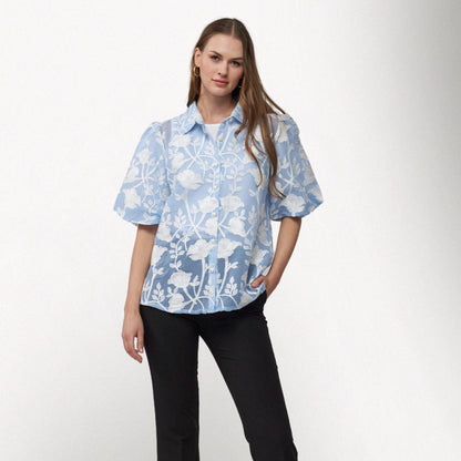 Toofan - Blue - Bubble Sleeve Floral Top – Relaxed Fit Women's Blouse - NS 79 - 1