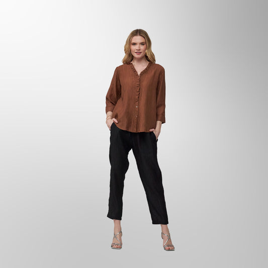 Toofan - Mocha - Mocha Ruffle V-Neck Button Top - CR 31