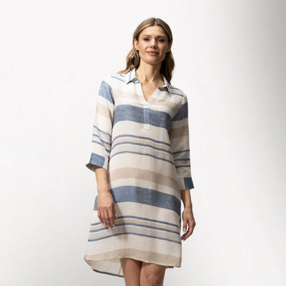 Toofan - Women's V-Neck Knee-Length Linen Dress – Relaxed Fit - LST 588