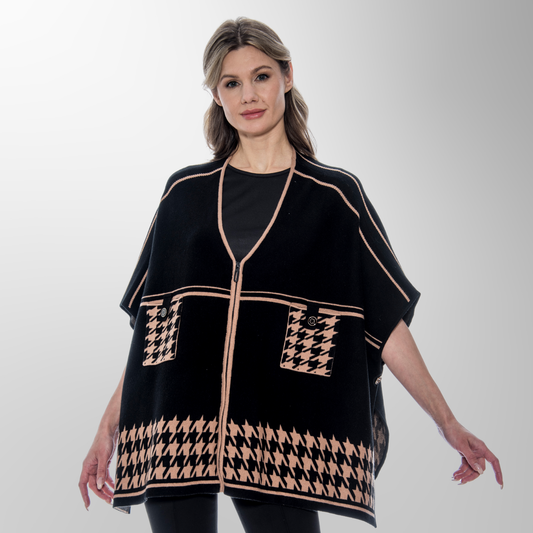 Toofan - Houndstooth  - One Size Zippered Poncho  - OS 224