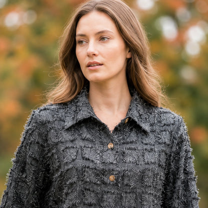 Toofan - Eyelash Shirt | Charcoal Textured Polyester Button Down Shirt - EL38