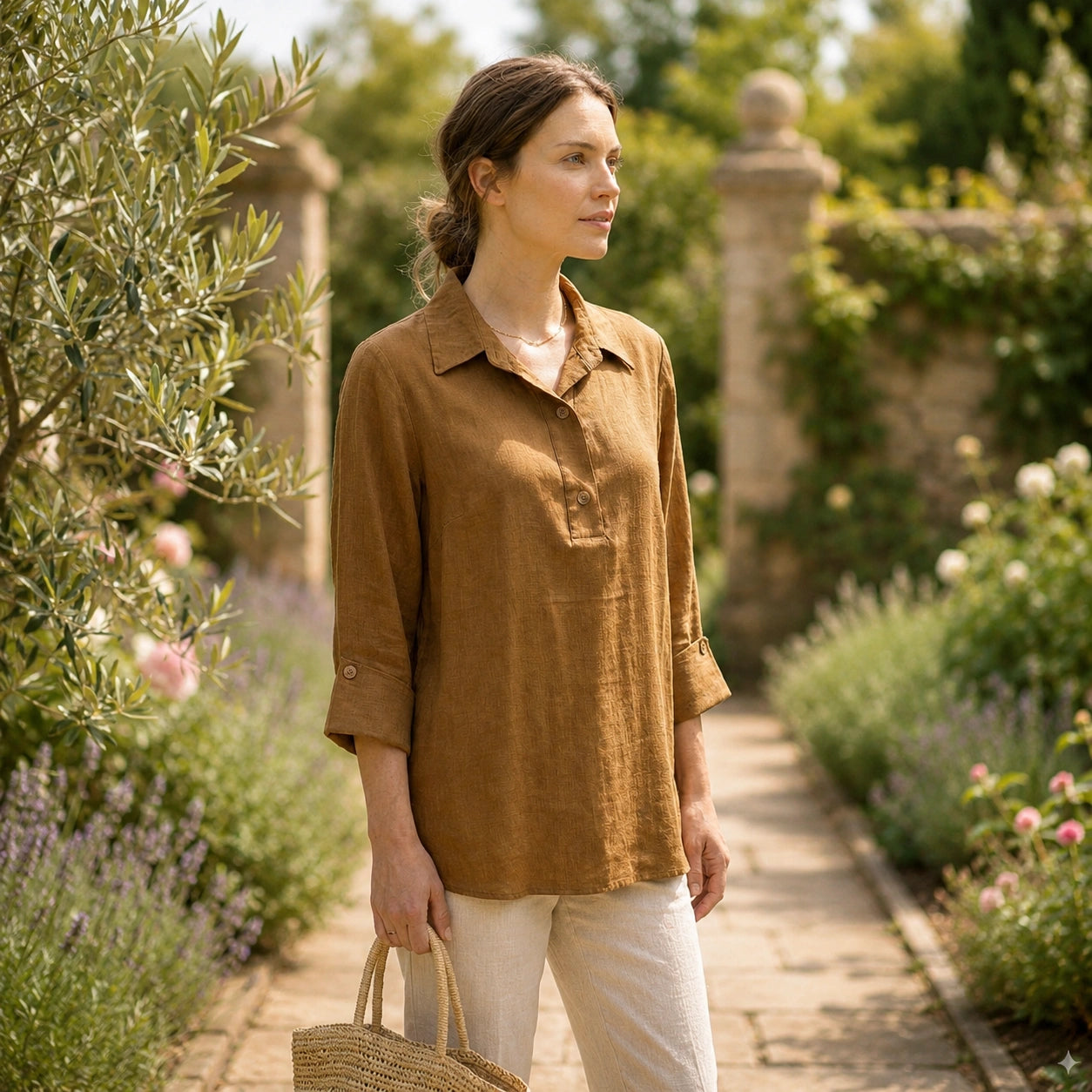 Toofan - High Low Back Button Pull Over Tobacco 100% Cupro Collared Top - CA177