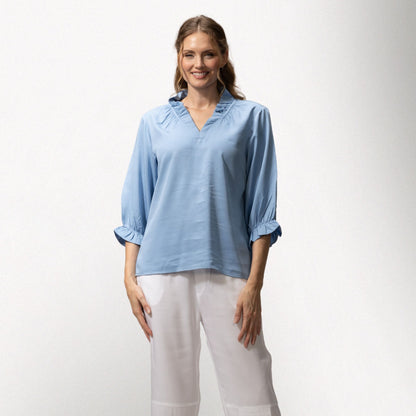 Toofan - Sky - Ruching Detail Collar Top – Women's Puff-Sleeve Top - TS 63
