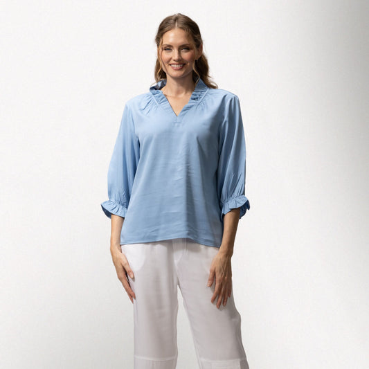 Toofan - Sky - Ruching Detail Collar Top – Women's Puff-Sleeve Top - TS 63
