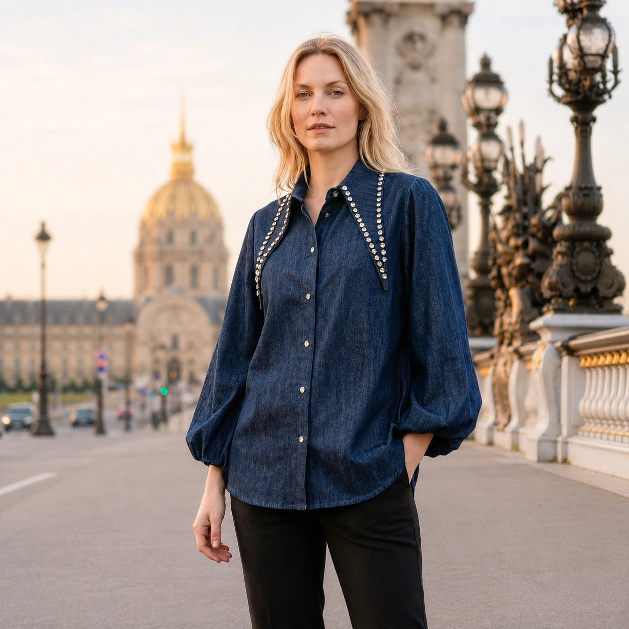 Toofan - Collar Detail Shirt Denim Polyester Rayon Blend Relaxed Fit - NS24-11