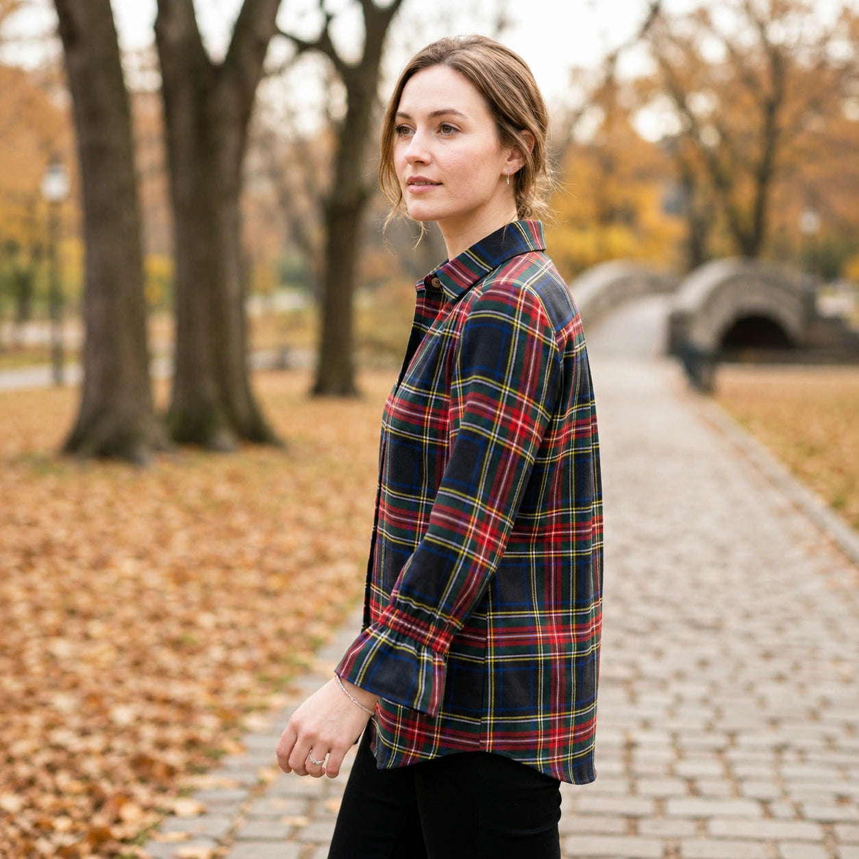 Toofan - Smocking Sleeve Scottish Plaid Shirt | Navy | 100% Polyester - PL 50-1