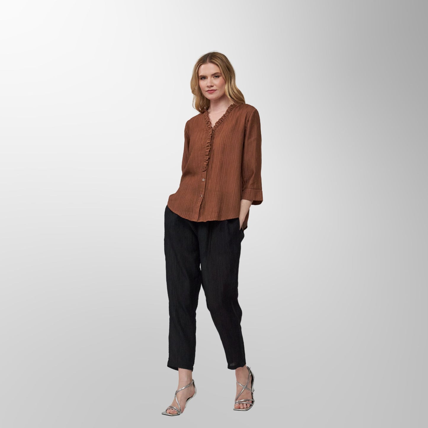 Toofan - Mocha - Mocha Ruffle V-Neck Button Top - CR 31