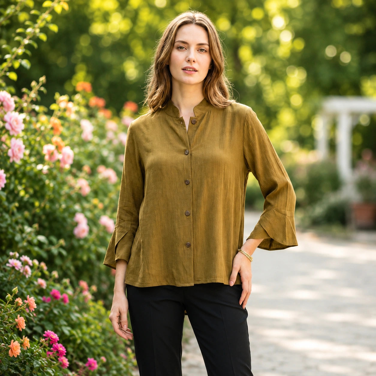 Toofan - Tulip Sleeve Mandarin Jacket in Tobacco - CA171