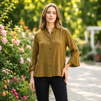 Toofan - Tulip Sleeve Mandarin Jacket in Tobacco - CA171