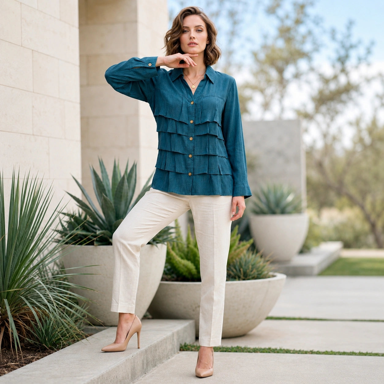 Toofan - Tier Shirt Peacock 100% Cupro Layered Button Down - CA173