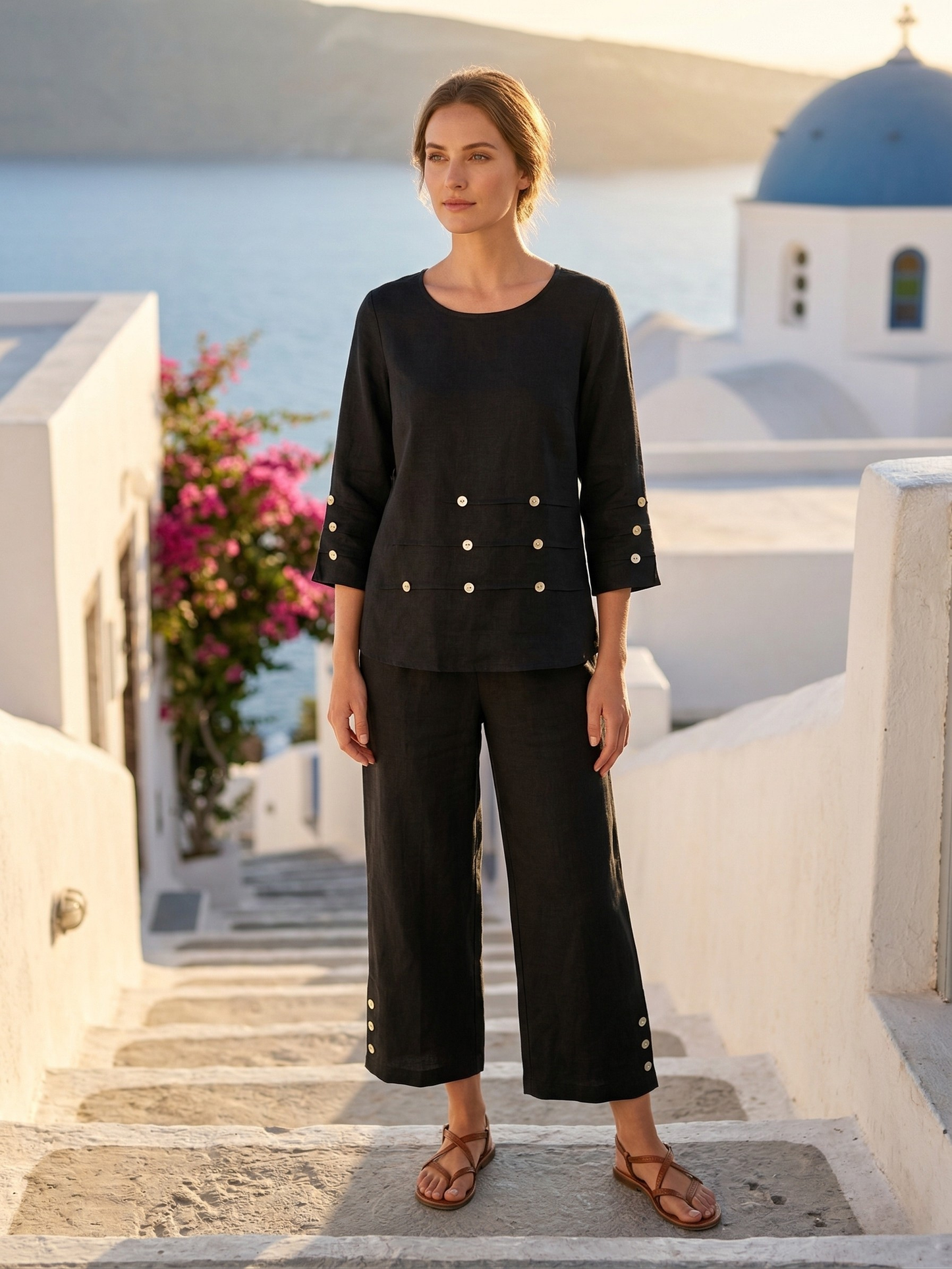 Toofan - Black - Button Detail Tunic Stylish Elegant Linen Women Top - L113