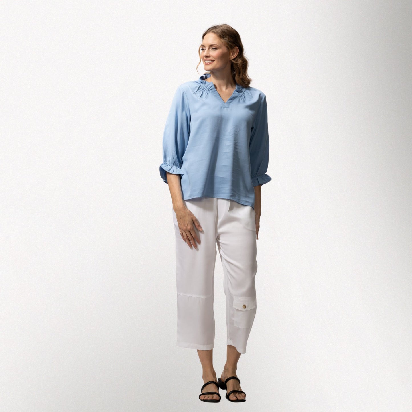 Toofan - Sky - Ruching Detail Collar Top – Women's Puff-Sleeve Top - TS 63