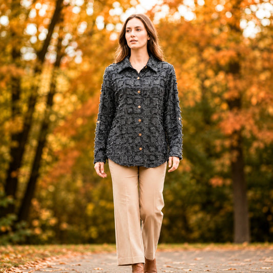Toofan - Eyelash Shirt | Charcoal Textured Polyester Button Down Shirt - EL38