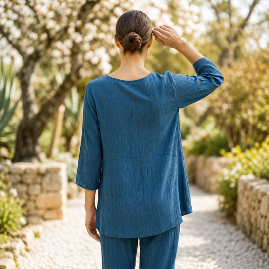 Toofan - Round Neck High Low Tunic Peacock 100% Cupro Relaxed Fit - CA178