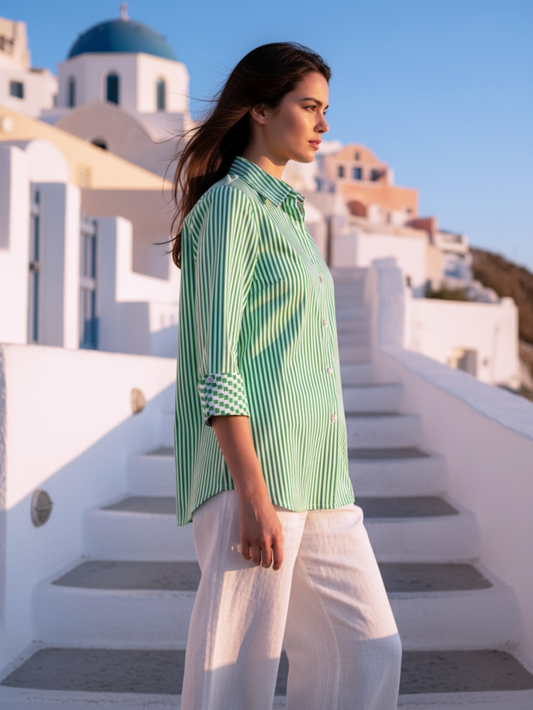 Toofan - Green - Stripe Shirt with Zipper Back Stylish Cotton Fit - NS10-4