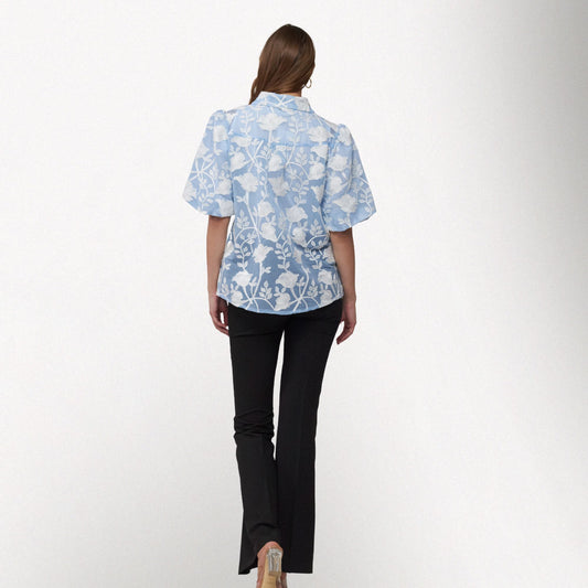 Toofan - Blue - Bubble Sleeve Floral Top – Relaxed Fit Women's Blouse - NS 79 - 1