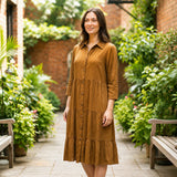 Toofan - Tier Dress Tobacco 100% Cupro Button Front Midi Dress - CA987