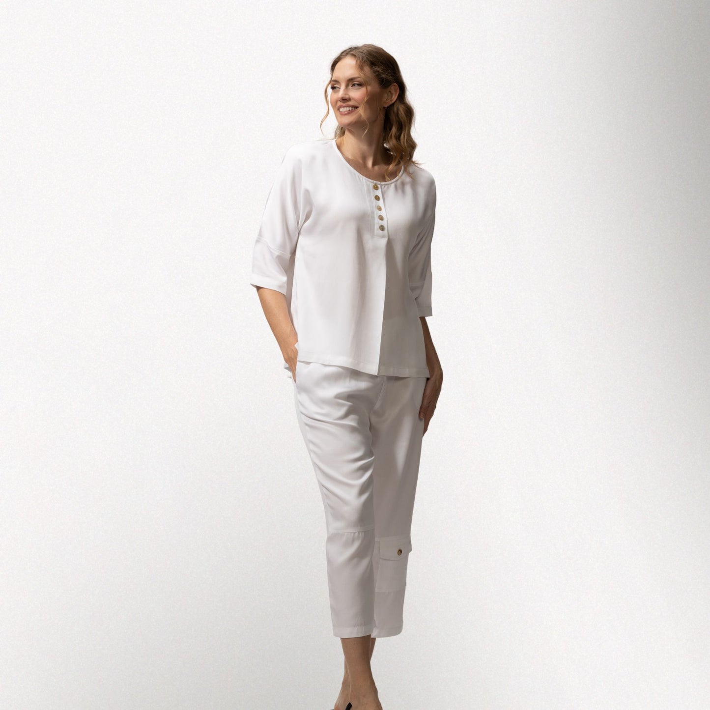 Toofan - White - High-Low Tunic – Women’s Pleated Cotton Top - TS 69