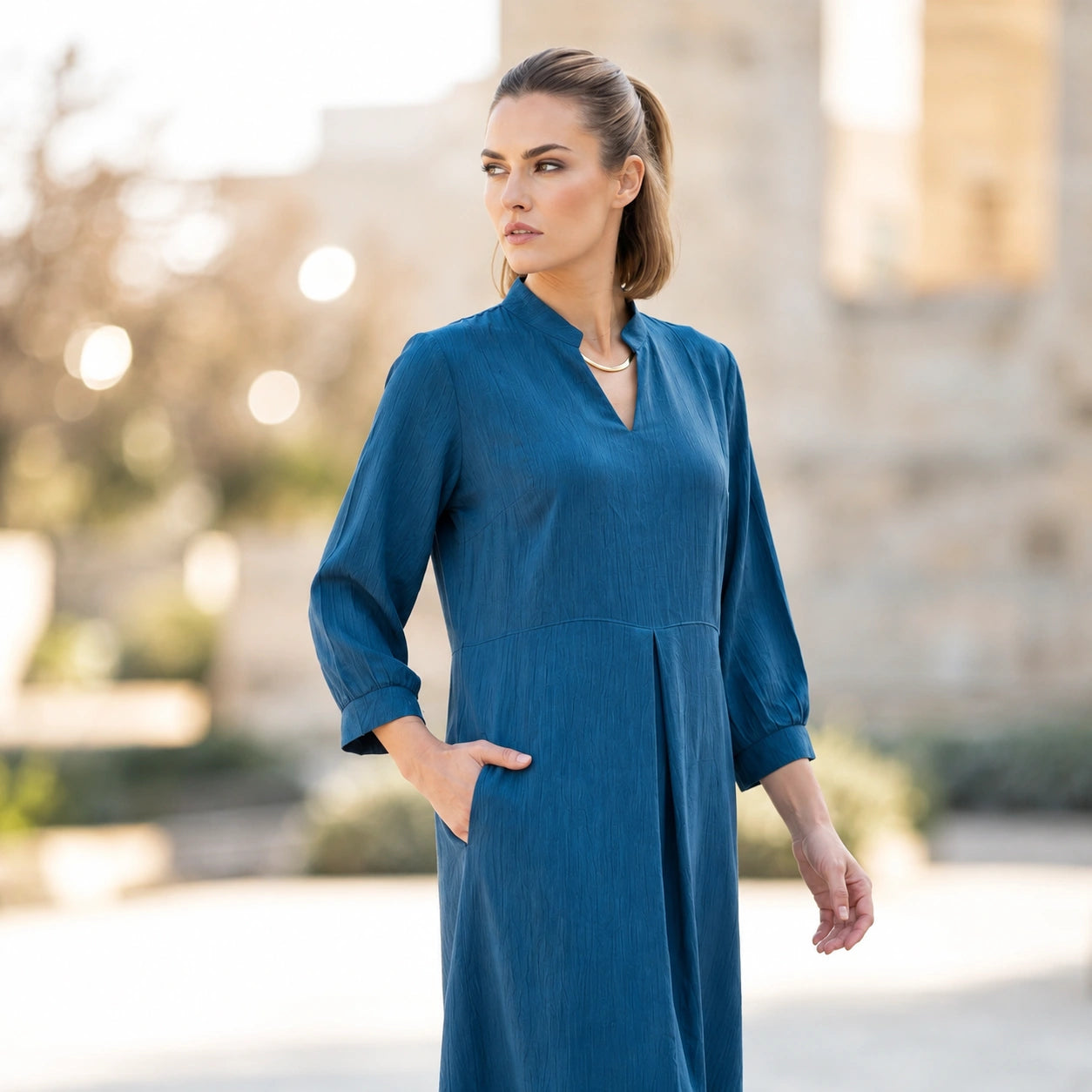 Toofan - 2 Pocket Dress Peacock 100% Cupro Shift Dress - CA988
