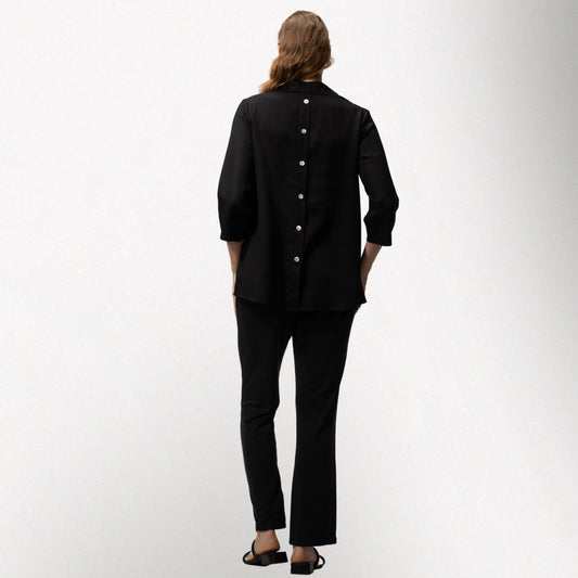 Toofan - Black - Back-Button Shirt – Women’s 3/4 Sleeve A-Line Tunic with Wire Collar - TS 19