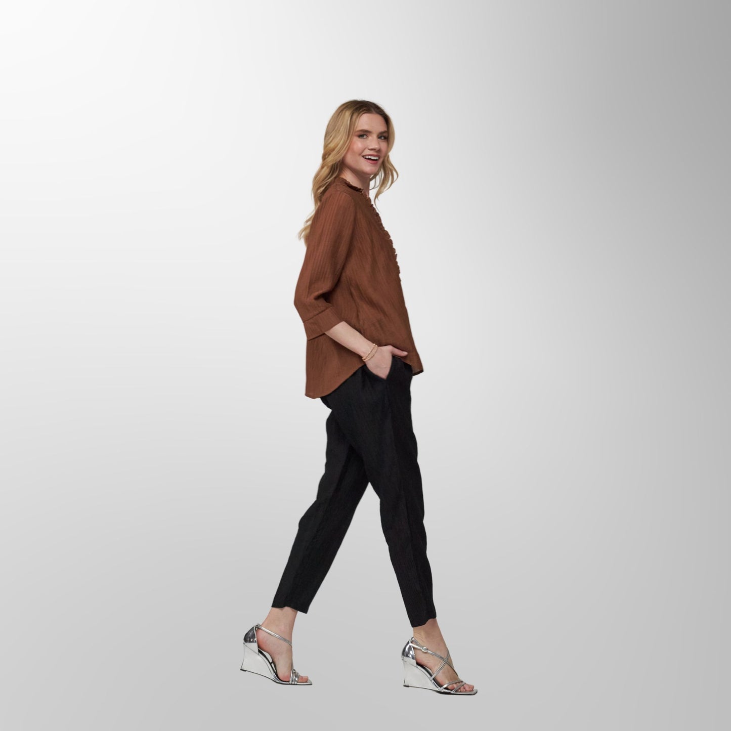 Toofan - Mocha - Mocha Ruffle V-Neck Button Top - CR 31