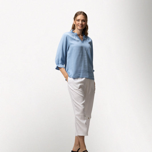 Toofan - Sky - Ruching Detail Collar Top – Women's Puff-Sleeve Top - TS 63