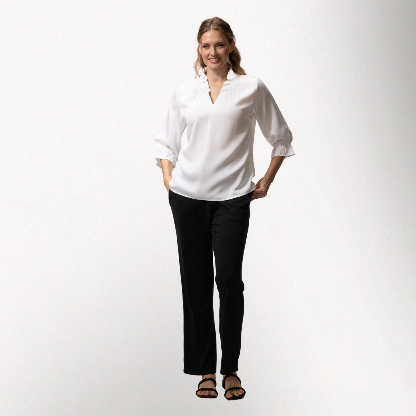 Toofan - White - Ruching Detail Collar Top – Women's Puff-Sleeve Top - TS 63