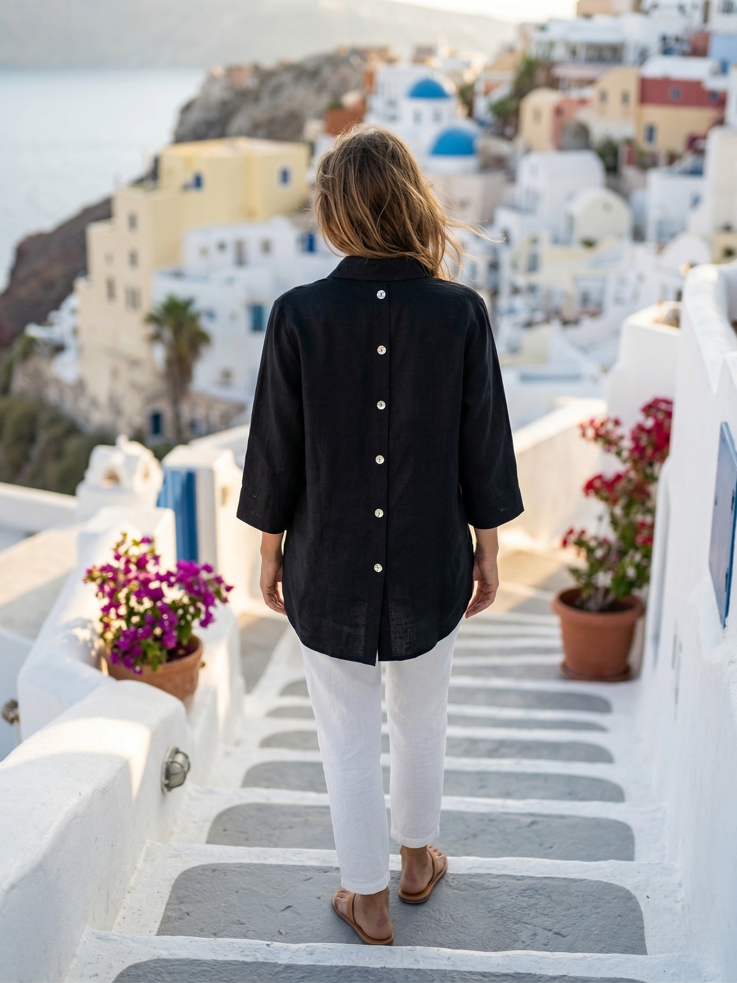 Toofan - Black - Back Button Big Shirt Linen Relaxed Fit Women - L411