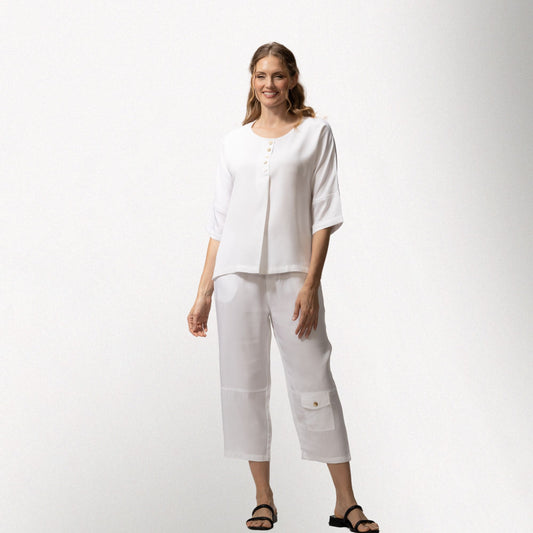 Toofan - White - High-Low Tunic – Women’s Pleated Cotton Top - TS 69