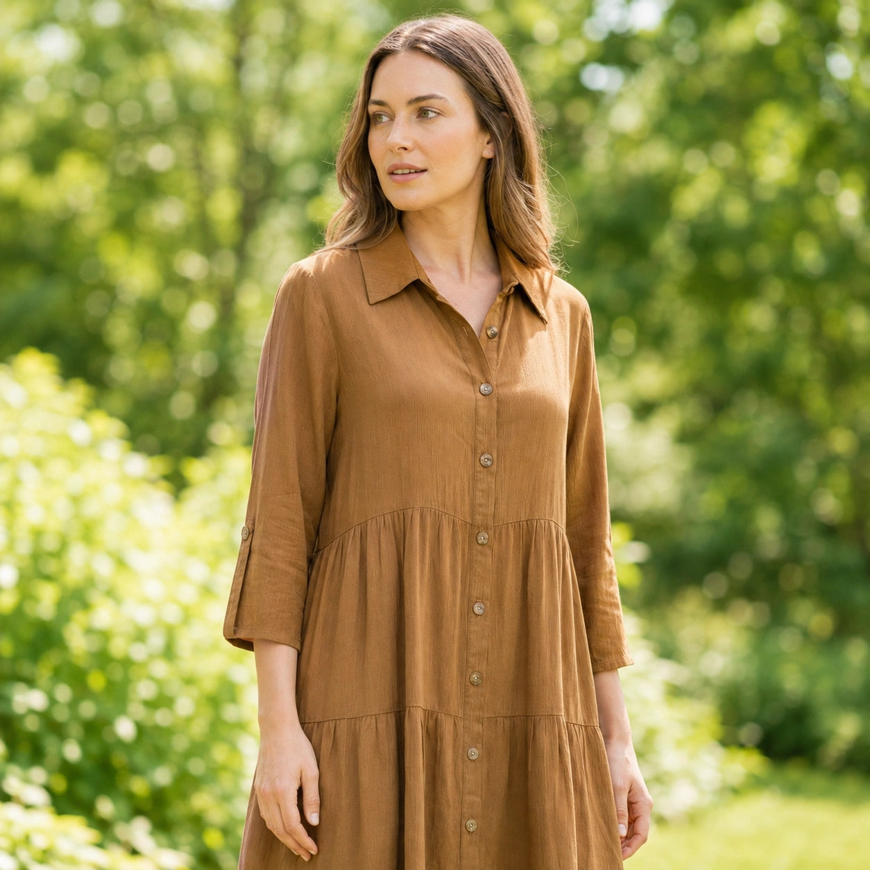 Toofan - Tier Dress Tobacco 100% Cupro Button Front Midi Dress - CA987