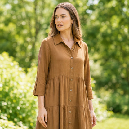 Toofan - Tier Dress Tobacco 100% Cupro Button Front Midi Dress - CA987