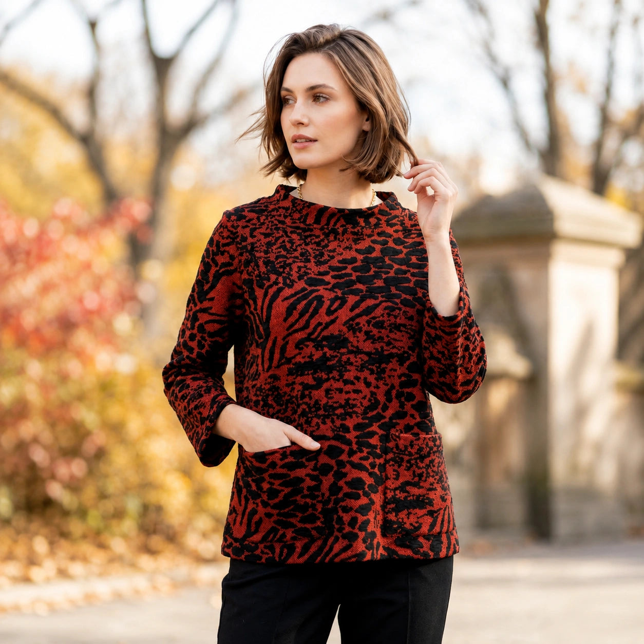 Toofan - Round Neck 2 Pocket Top |Red| Rayon-Polyester-Spandex - KJ 27