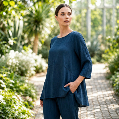 Toofan - Round Neck High Low Tunic Peacock 100% Cupro Relaxed Fit - CA178