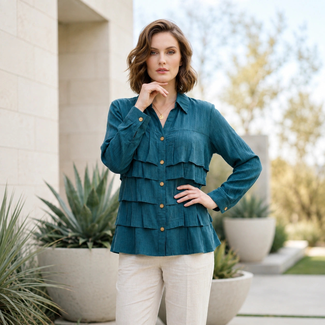 Toofan - Tier Shirt Peacock 100% Cupro Layered Button Down - CA173