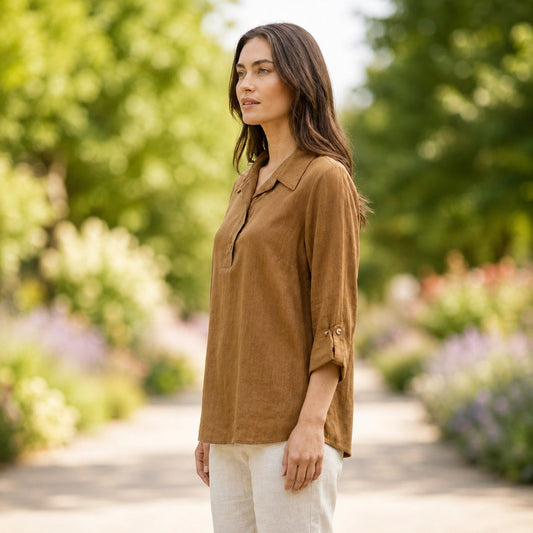 Toofan - High Low Back Button Pull Over Tobacco 100% Cupro Collared Top - CA177