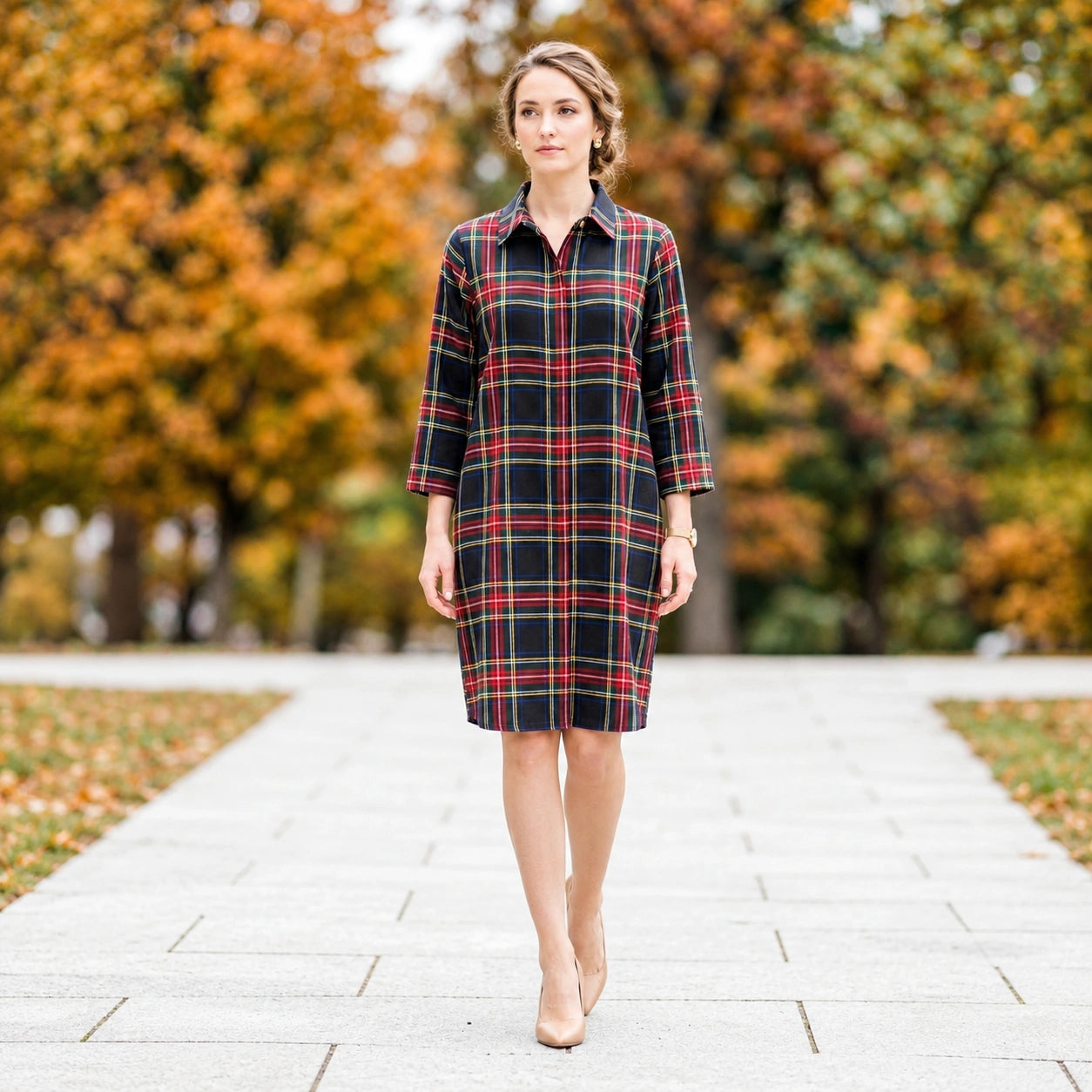 Toofan - Covered Placket Back Button Dress |Navy| 100% Polyester - PL 103-1