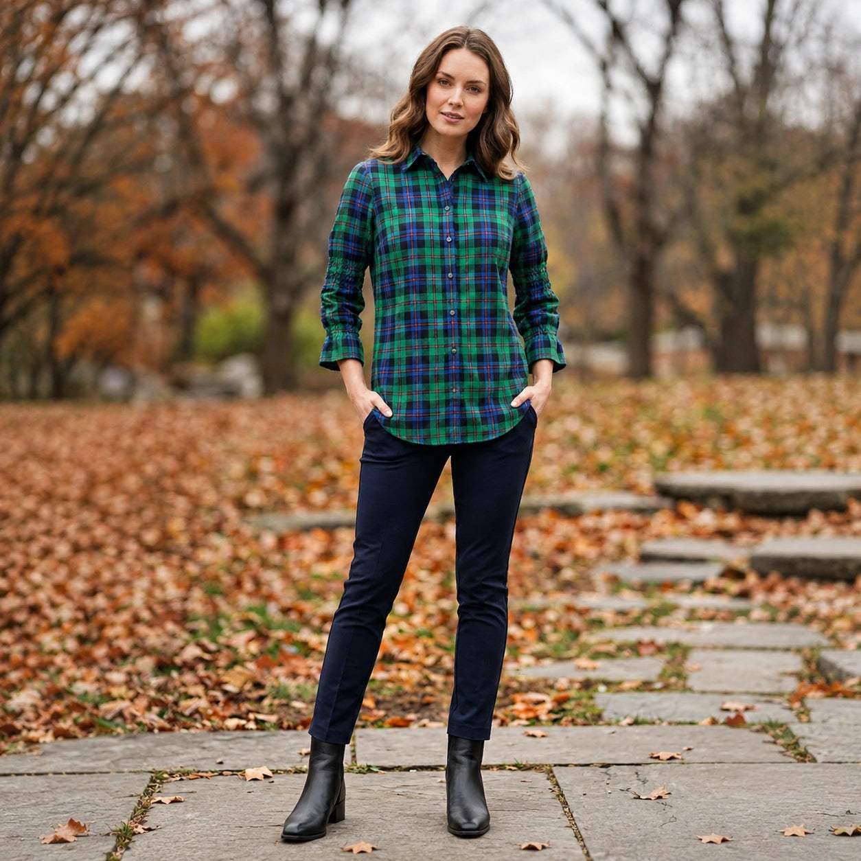 Toofan - Smocking Sleeve Scottish Plaid Shirt |Green| 100% Polyester - PL 50-1